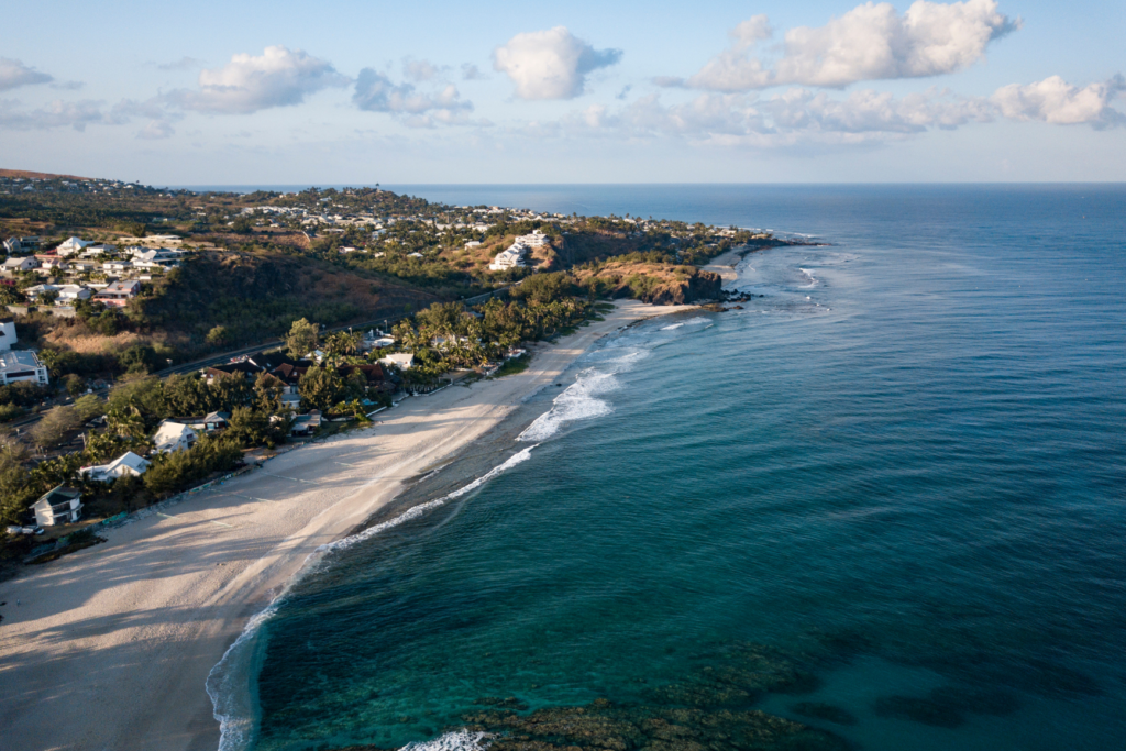 Vue aérienne d’une plage tropicale bordée de palmiers et d’habitations.